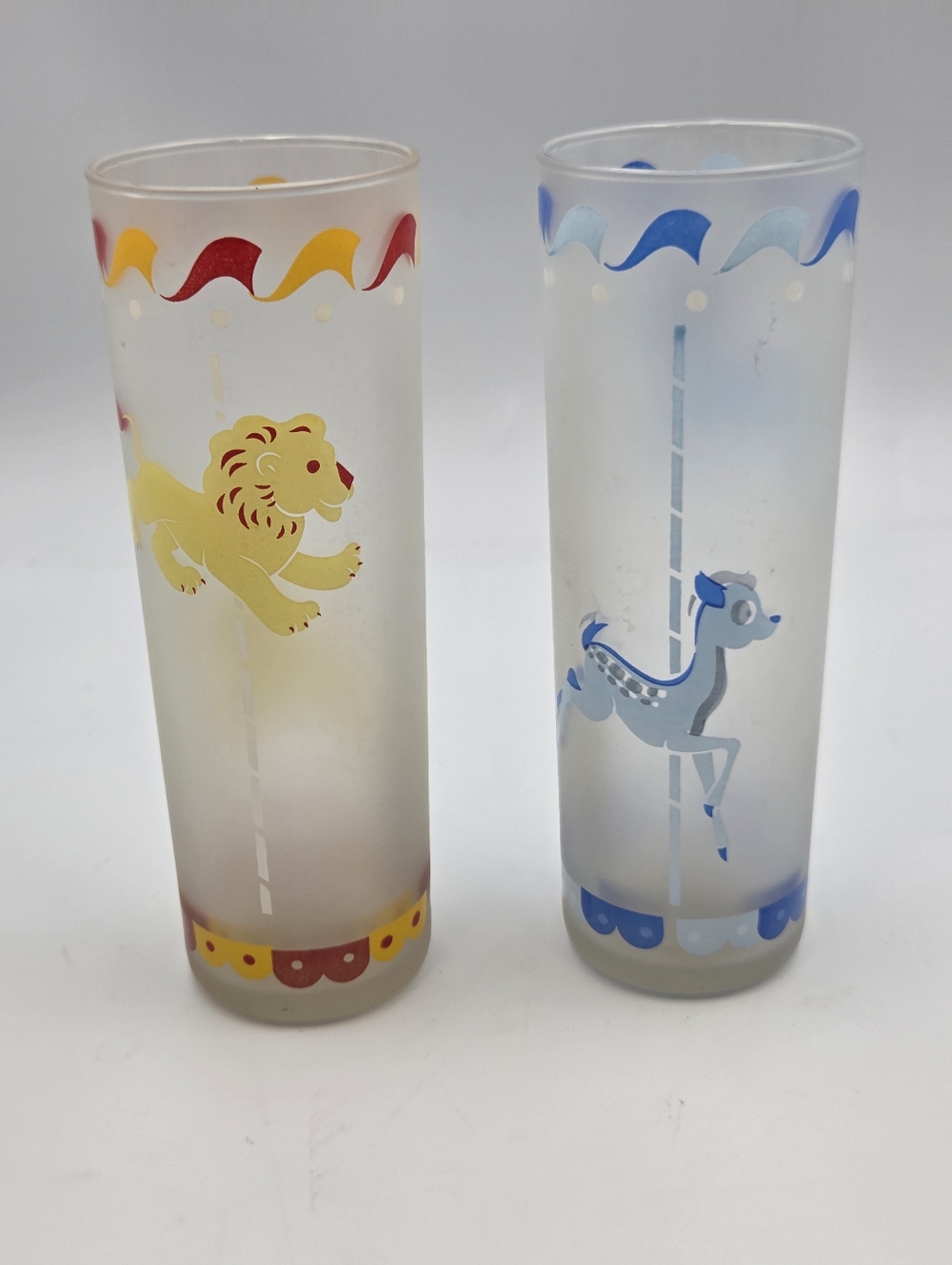 Libbey Frosted Carousel Tumblers Lion‎ & Deer/Fawn Glass 7” Set Of 2